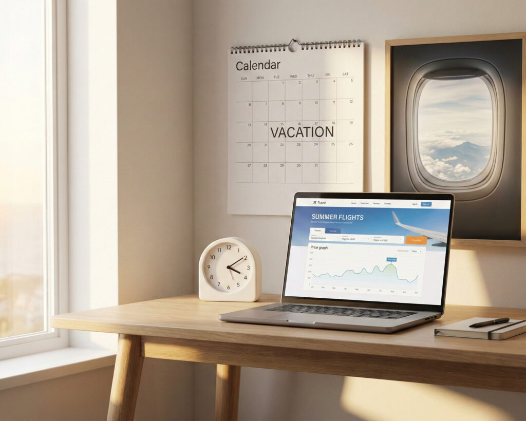 Resenär som jämför flygpriser och bokningstid på laptop