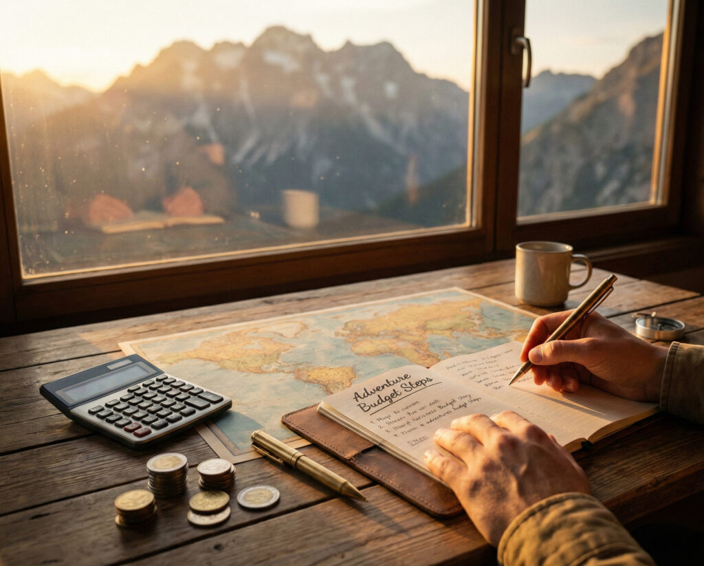 Resebudget planerad med anteckningar, kalkyl och reseinspiration