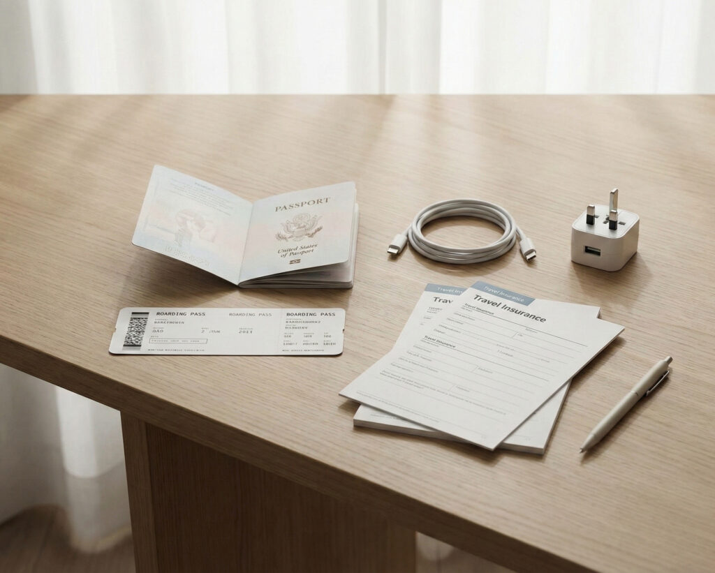 Resechecklista med pass, mobil, packning och dokument på bord