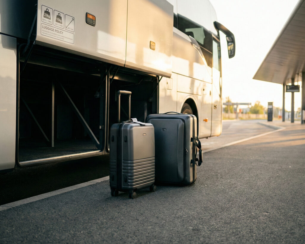 Resenär som lastar bagage på långdistansbuss