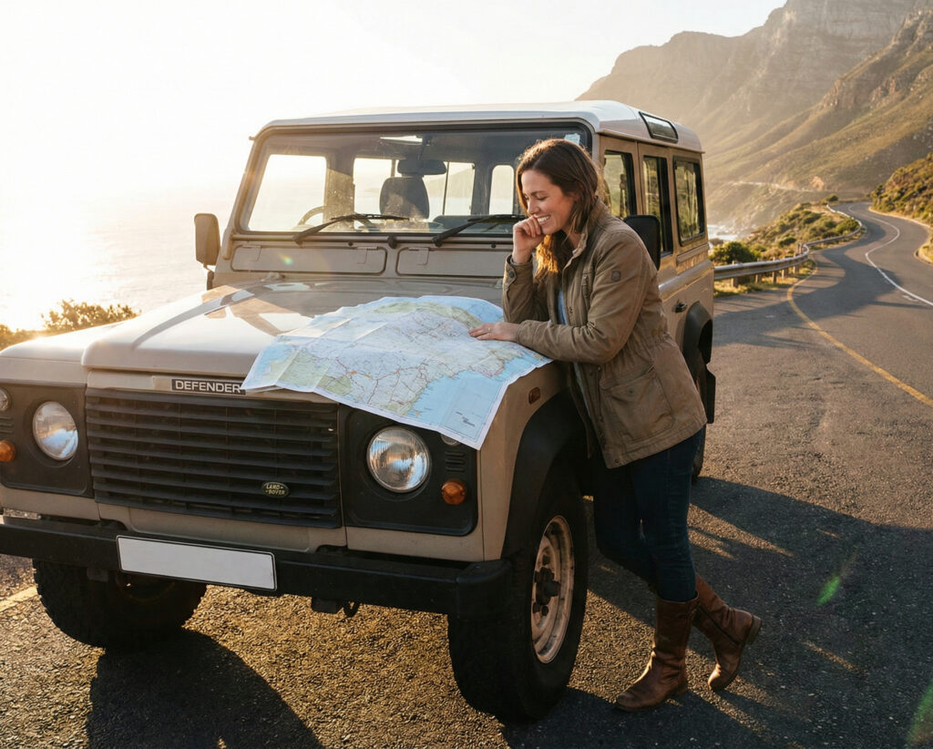Bil på roadtrip genom öppet landskap med resenärer och karta