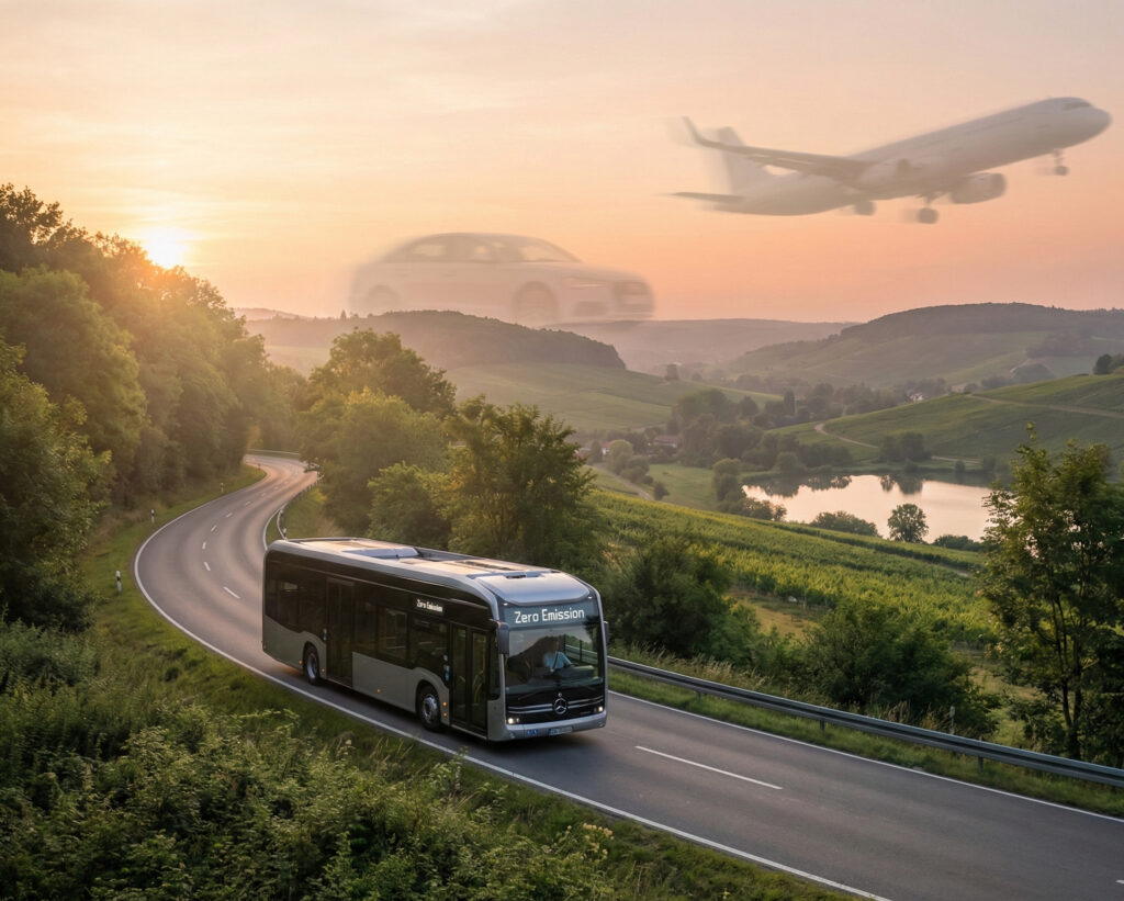 Långdistansbuss på landsväg med fokus på hållbart resande