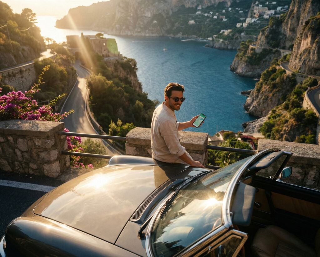 Resenär som jämför hyrbilspriser online inför bilresa