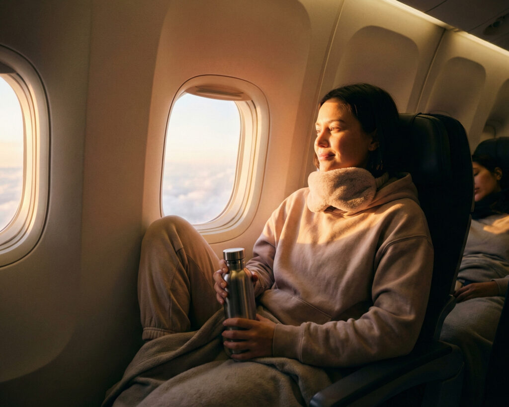 Resenär som vilar efter långflyg och anpassar sig till ny tidszon