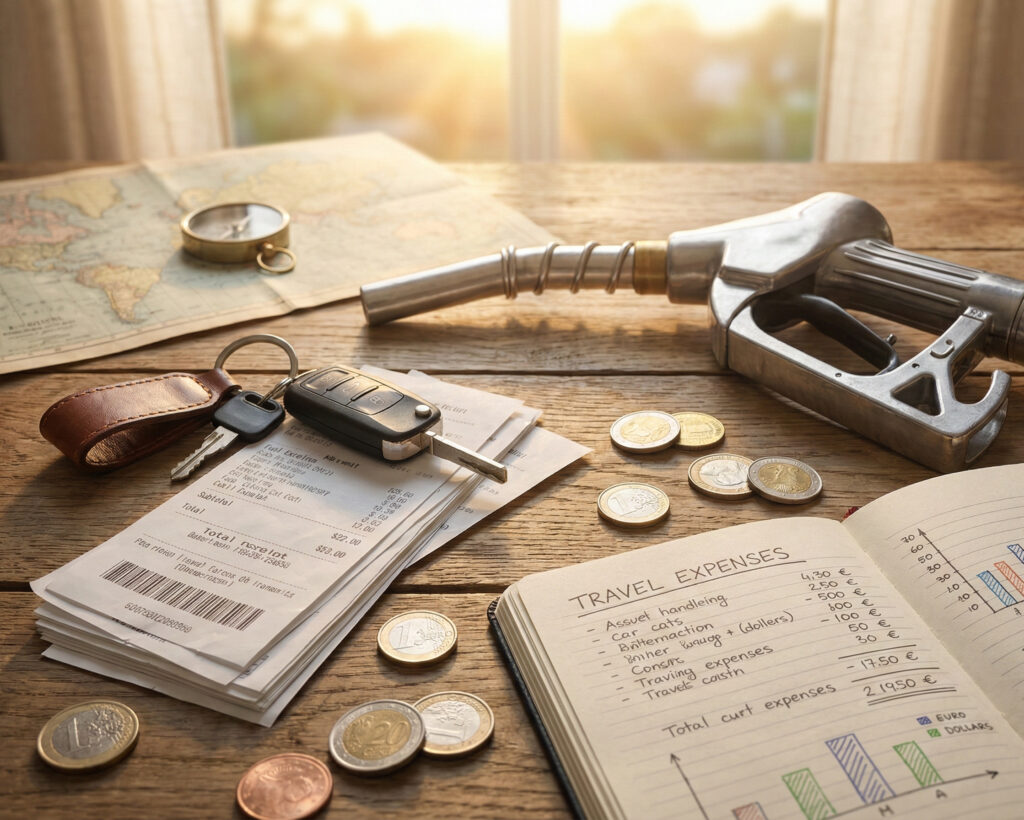 Bil på långresa med översikt av kostnader för bränsle och avgifter