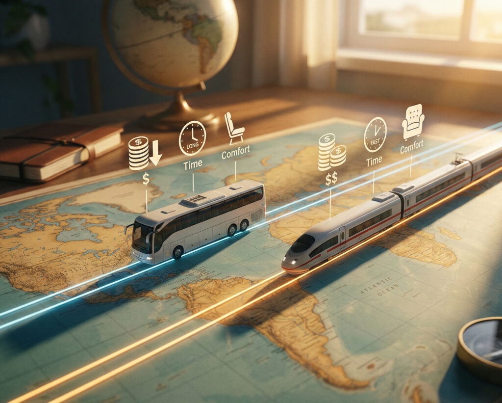 Jämförelse mellan långdistansbuss och tåg på resa