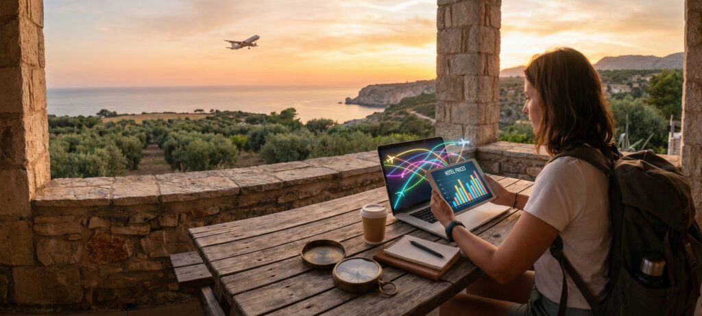 Resenär som jämför flyg och hotellpriser på laptop med anteckningar