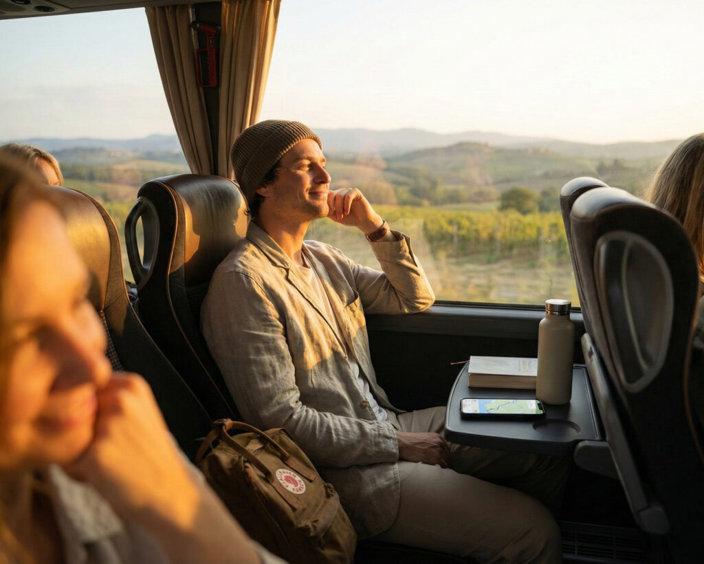 Resenär som sitter bekvämt på långfärdsbuss med utsikt