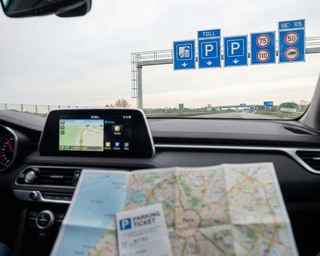 Bil på motorväg med vägavgiftsstation i Europa