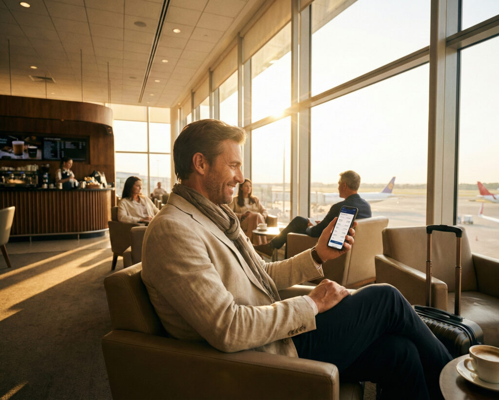 Resenär som bokar flyg på laptop och sitter bekvämt i flygplan