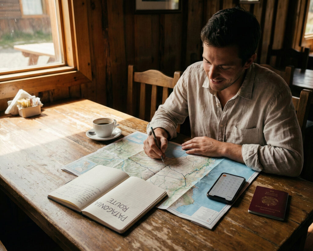 Resenär som planerar en resa med karta, kalender och anteckningar