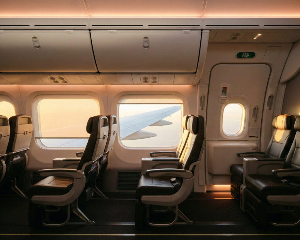 Passagerare som sitter bekvämt i flygplansstol med gott benutrymme