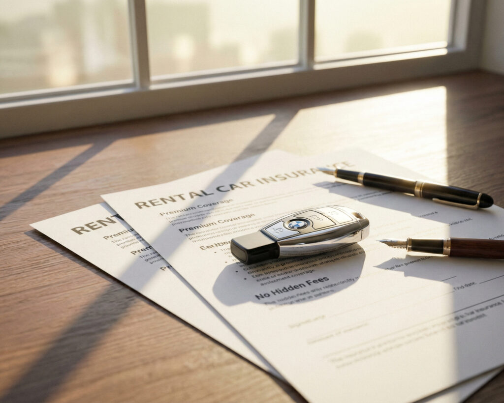 Hyrbil med försäkringsdokument på huven utomlands