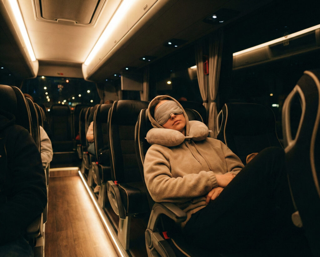 Resenär som sover bekvämt på nattbuss