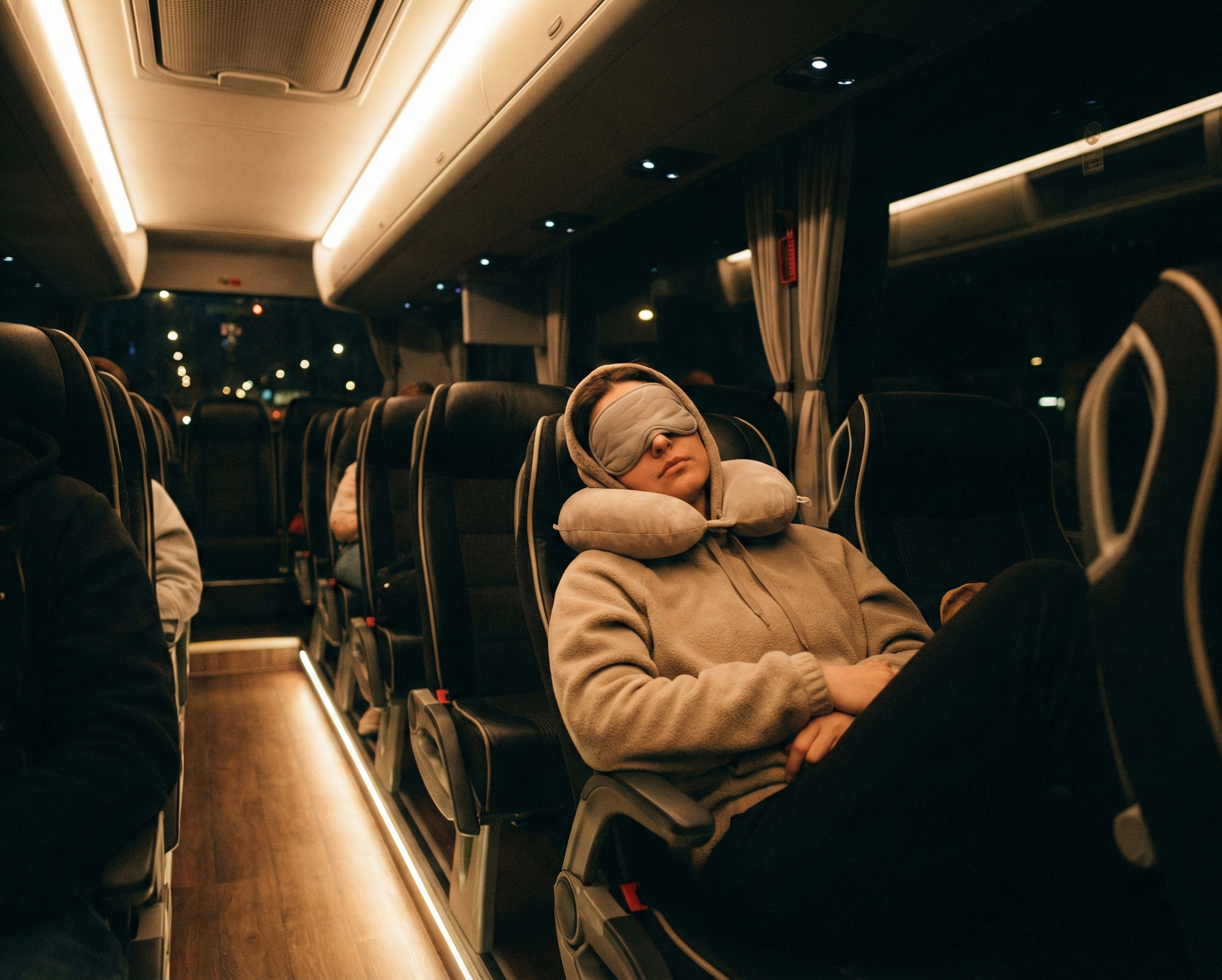 Resenär som sover bekvämt på nattbuss