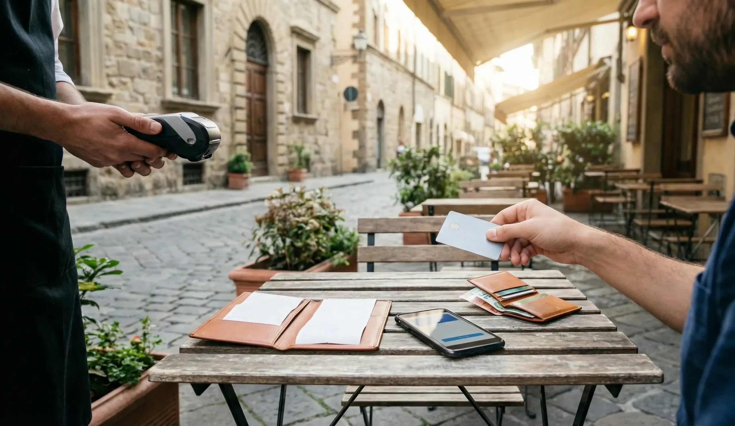 Resenär som betalar med kort på café utomlands, med kontanter som alternativ