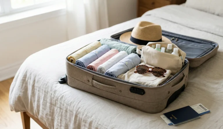 Öppen resväska med sommarkläder och solskydd som visar packlista för solsemester