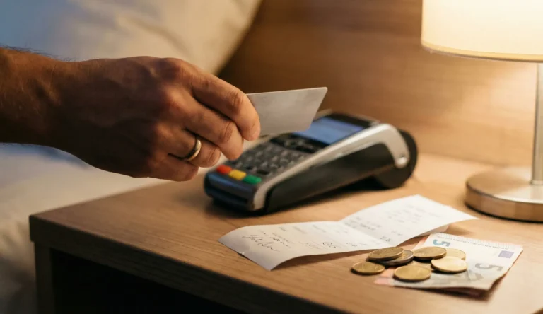 Hotellnota och kortbetalning som illustrerar dricks utomlands och hur man betalar med kort eller kontanter.