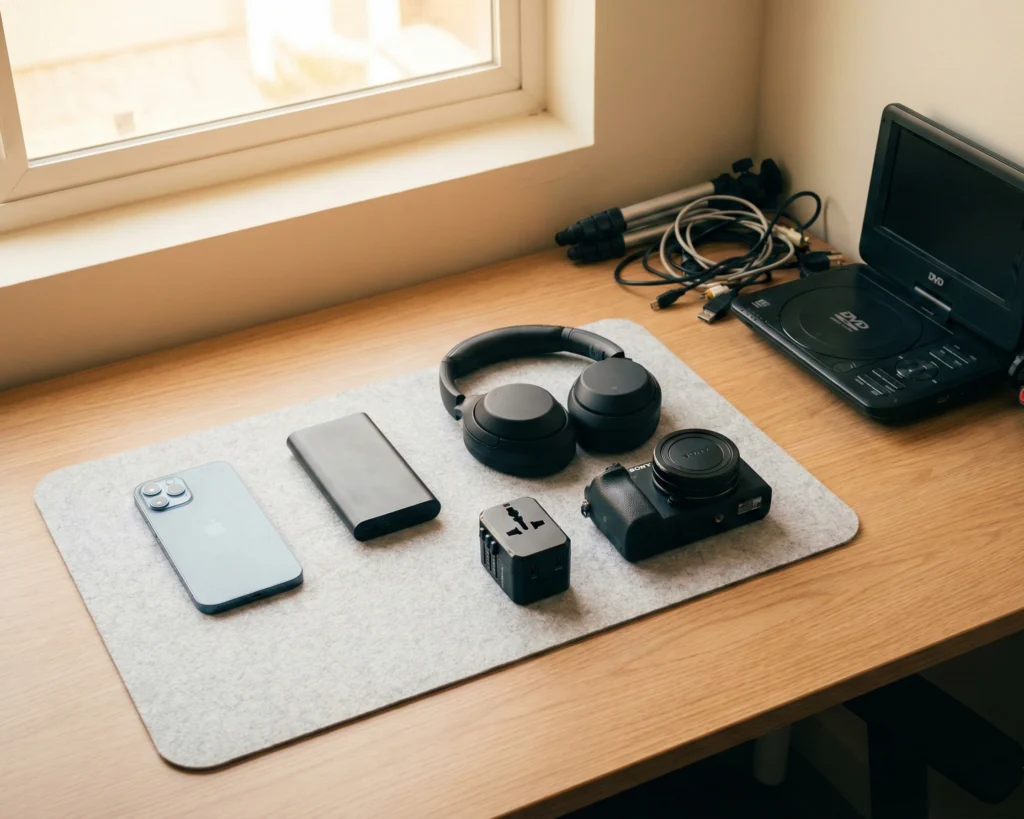 Reseelektronik organiserad i packpåse med laddare, powerbank och mobil