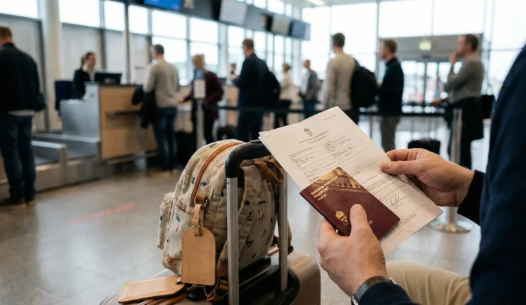 Pass och skriftlig fullmakt vid flygplats som illustrerar fullmakt för resa med barn när en förälder reser ensam.