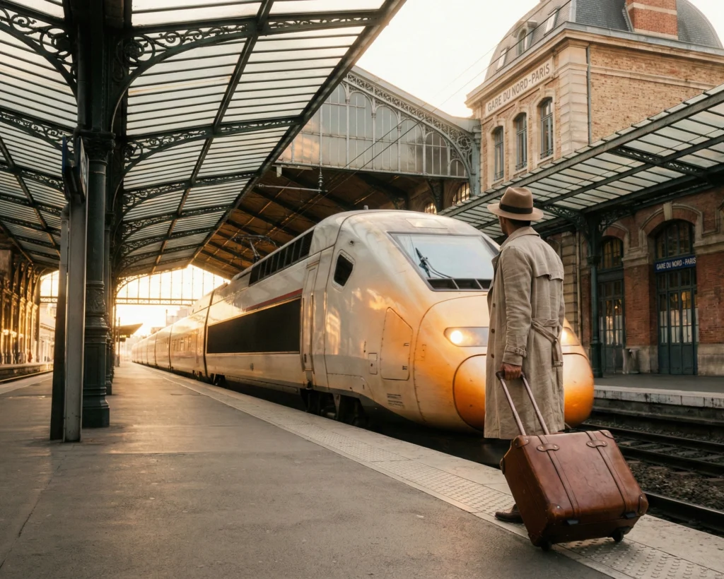 Tåg på station genom europeiskt landskap med resenär som väntar på tåget