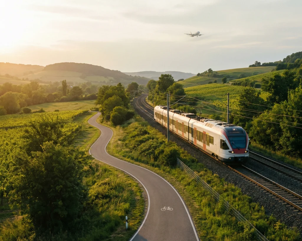 Tåg och cykel i grön miljö som symboliserar hållbara transportval på resa