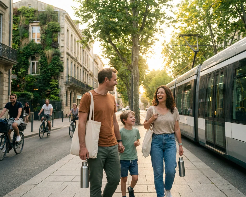 Barnfamilj på resa med lätt packning och hållbara transportval