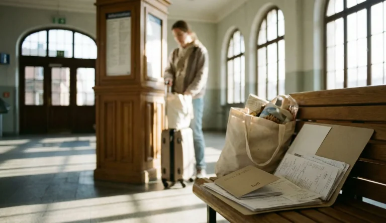 Resenär på tågstation med resehandlingar som illustrerar tullregler till Sverige för alkohol, tobak och livsmedel.