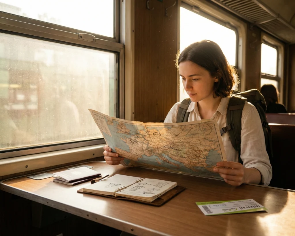 Resenär med ryggsäck på tågstation under Interrail-resa