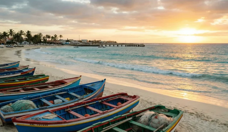 Solnedgång vid Santa Maria Beach på Sal i Kap Verde med turkost vatten och fiskebåtar