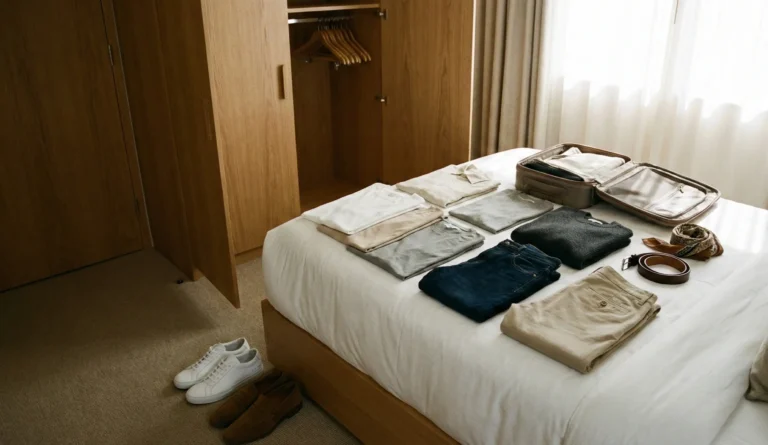 Kapselgarderob för resa upplagd i hotellrum för att packa lätt och matcha kläder