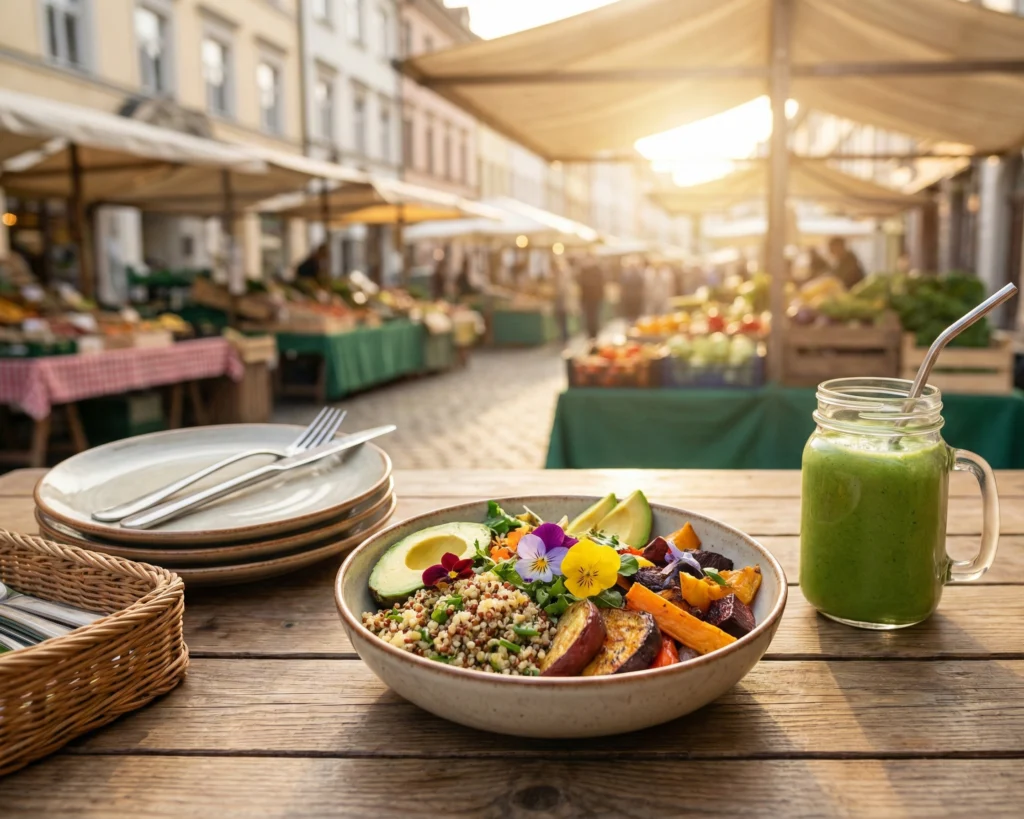 Lokal växtbaserad måltid på resa serverad med återanvändbara behållare