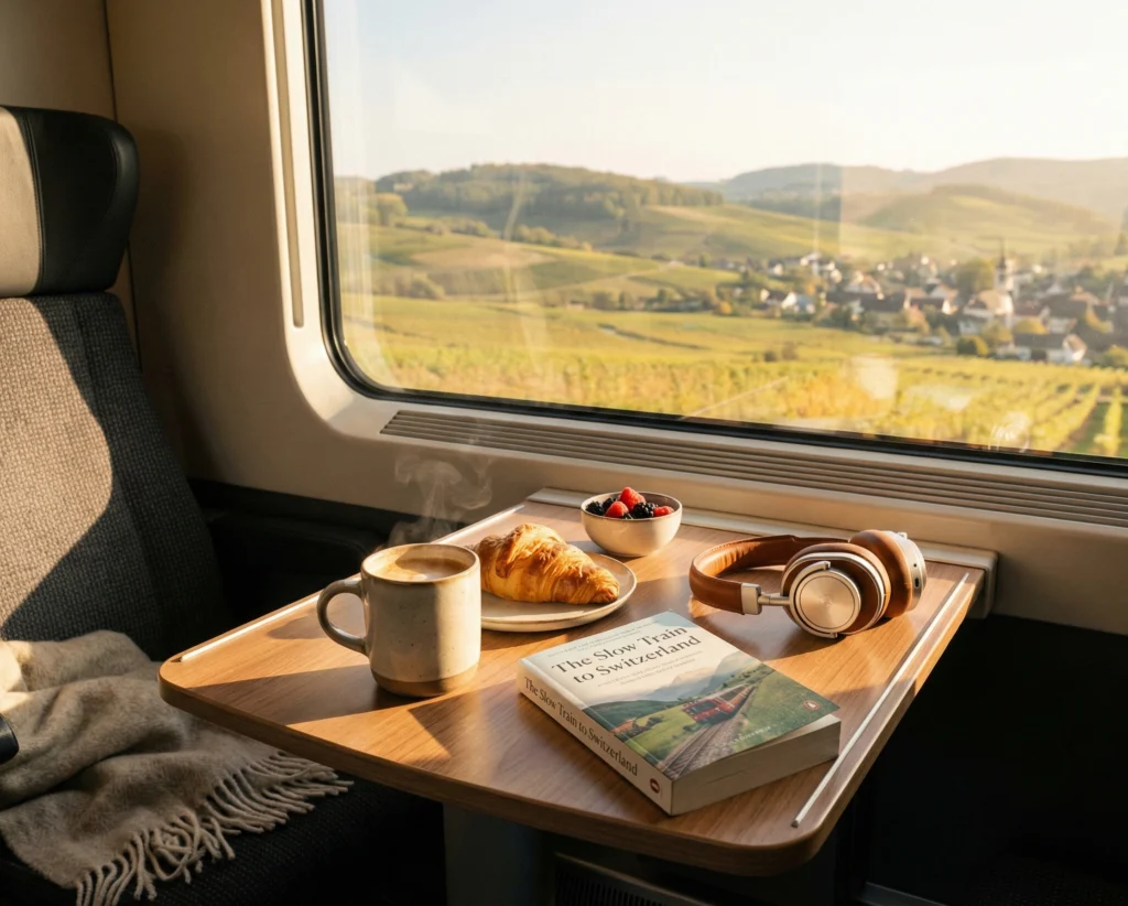 Bekväm långresa med tåg med mat och dryck till hands