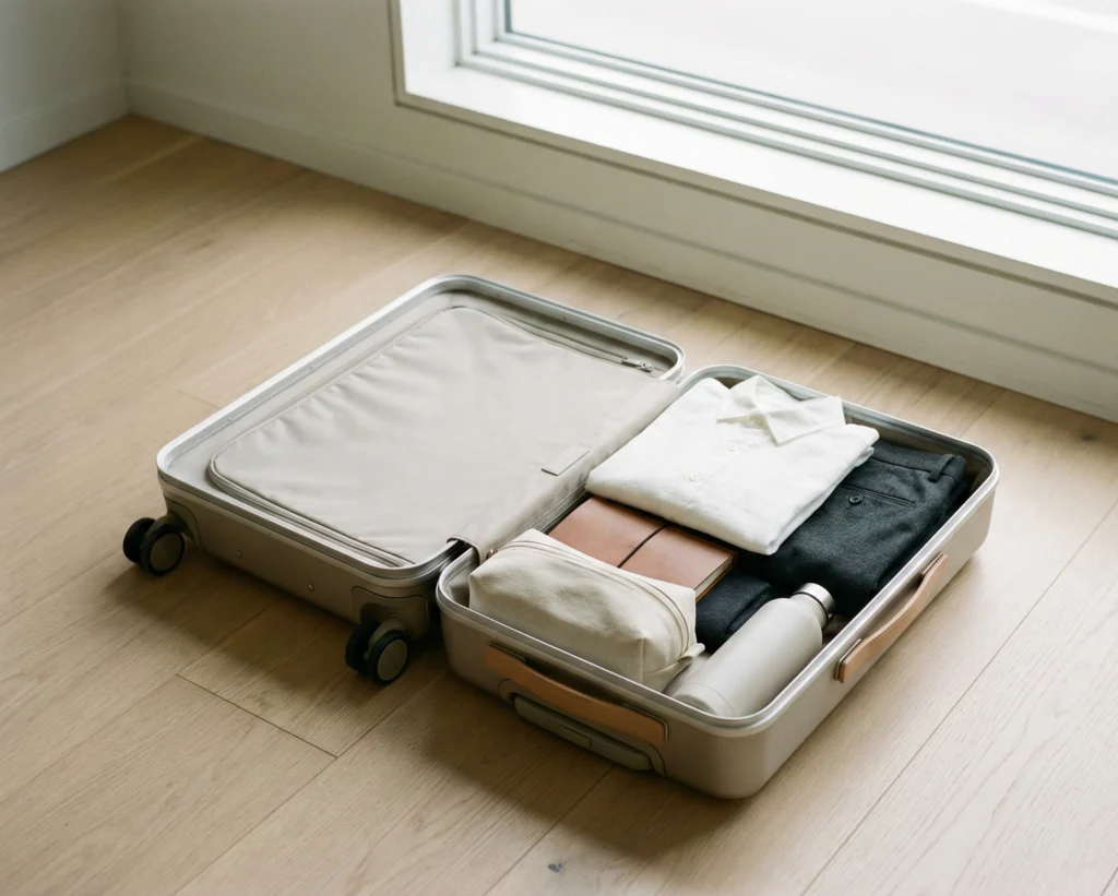 Minimalistisk packning med liten resväska och få noggrant utvalda plagg