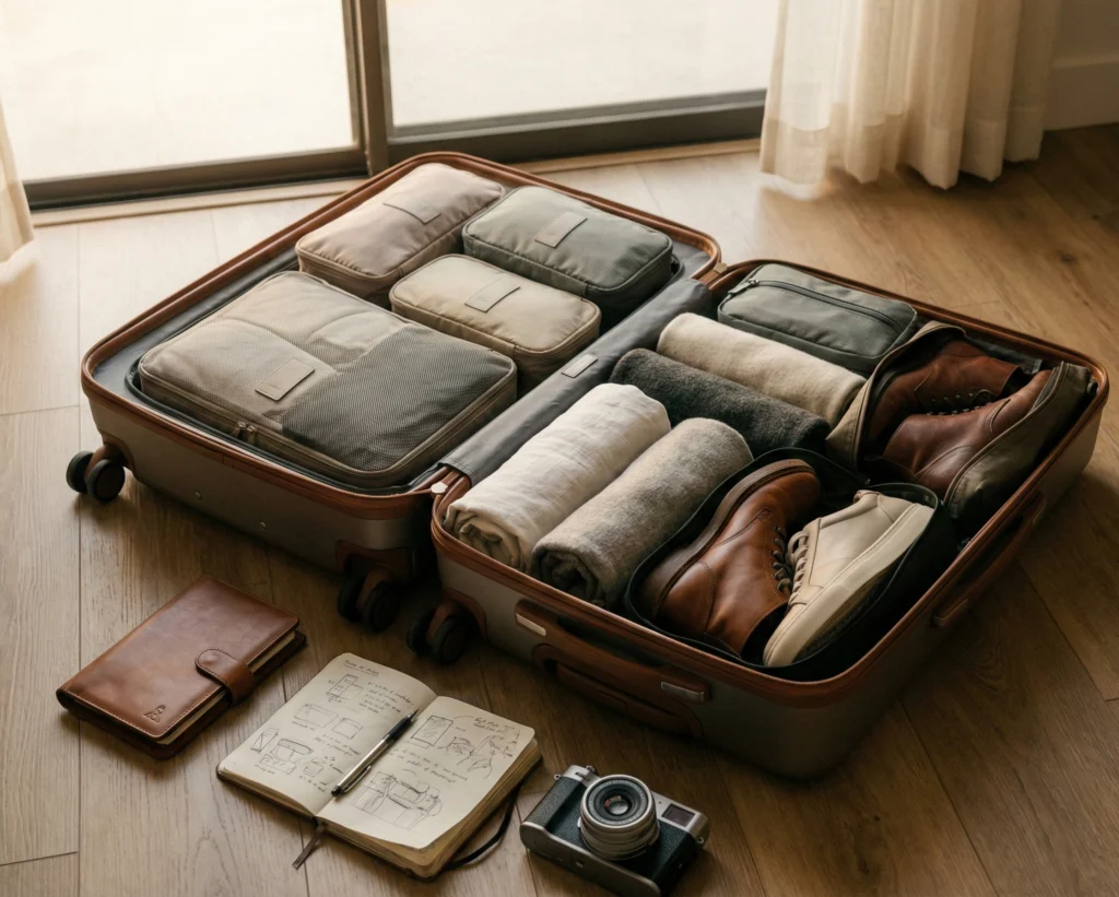 Långresepackning med ryggsäck och organiserade packpåsar