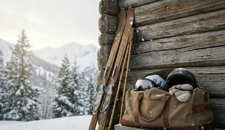 Skidor och skidutrustning vid stuga i fjällen som illustrerar packlista för skidresa