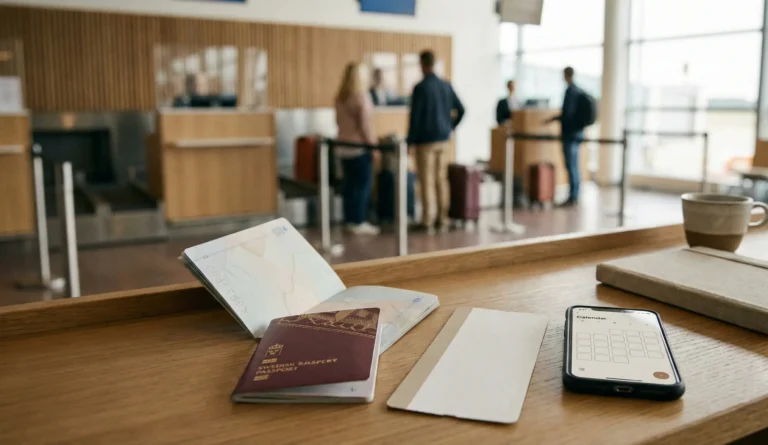 Svenskt pass vid flygplatsmiljö som illustrerar passets giltighetstid och 6-månadersregeln inför resa.