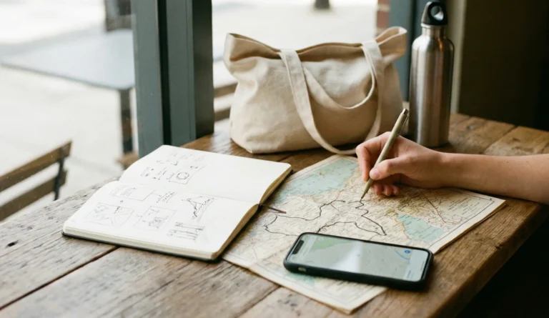 Karta och reseplanering på cafébord som illustrerar tips för att resa ensam tryggt och smidigt.