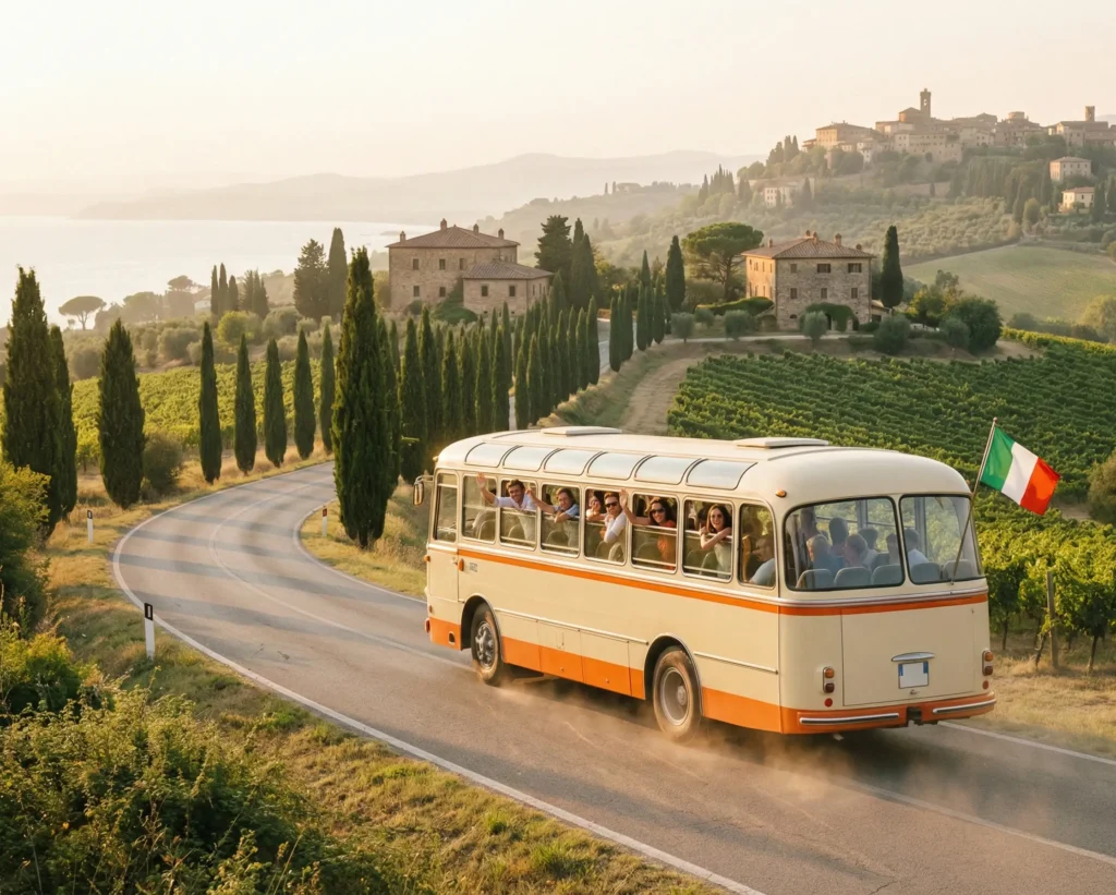 En buss fylld med passagerare som åker på en väg i italien
