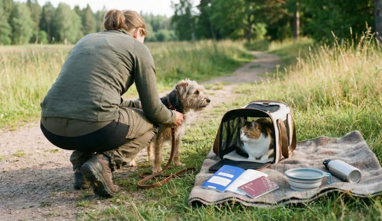 Hund och katt på resa i EU med resehandlingar som visar EU-pass för sällskapsdjur och planering inför resan.