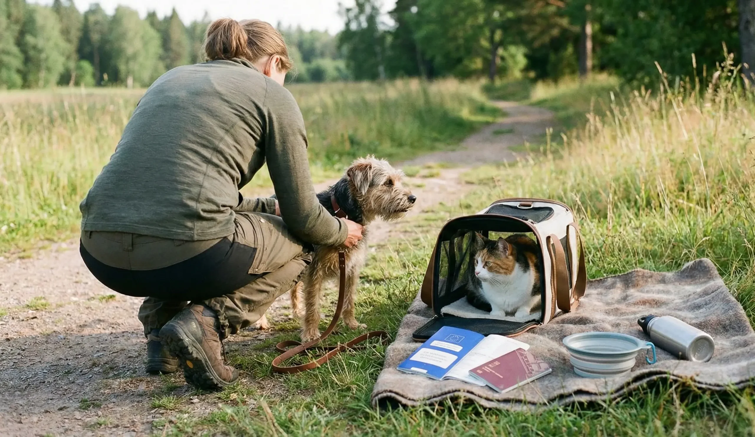 Hund och katt på resa i EU med resehandlingar som visar EU-pass för sällskapsdjur och planering inför resan.