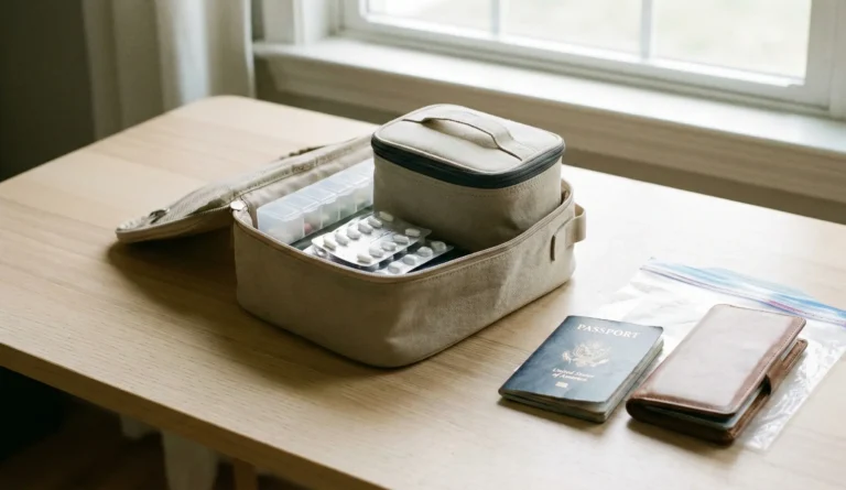 Packning med dosett och läkemedel som illustrerar resa med medicin, Schengenintyg och receptregler.