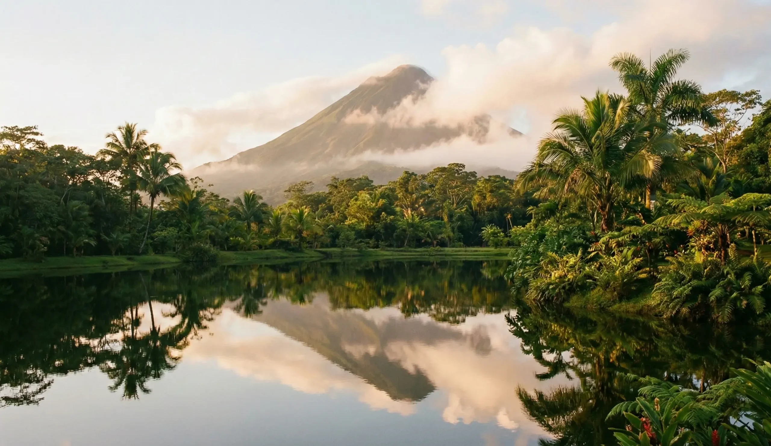 Arenal-vulkanen i Costa Rica i varmt kvällsljus med regnskog och en stilla lagun