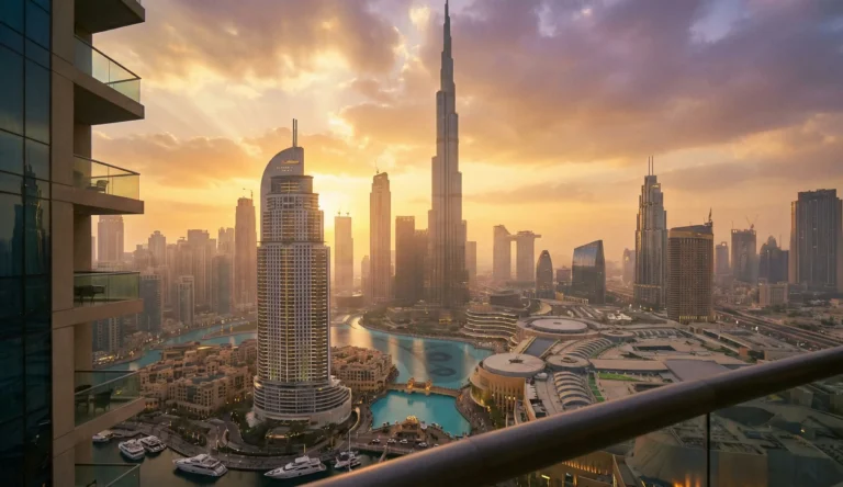 Dubai skyline med Burj Khalifa i solnedgång.