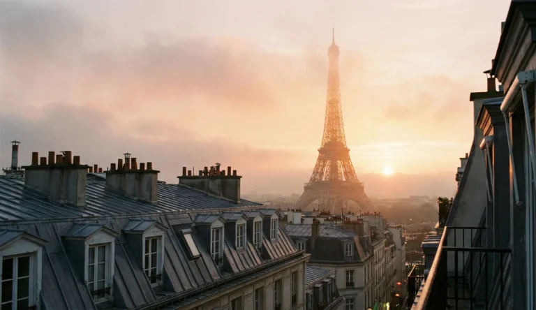 Paris takåsar i kvällsljus med Eiffeltornet i bakgrunden.