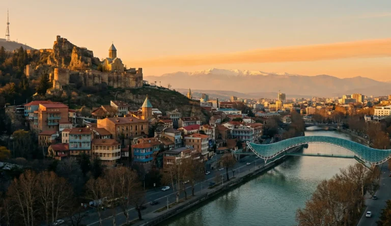 Utsikt över Tbilisi i Georgien med Narikala och Kura-floden i solnedgång.