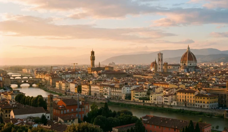 Utsikt över Florens i Italien med Duomo i kvällsljus.