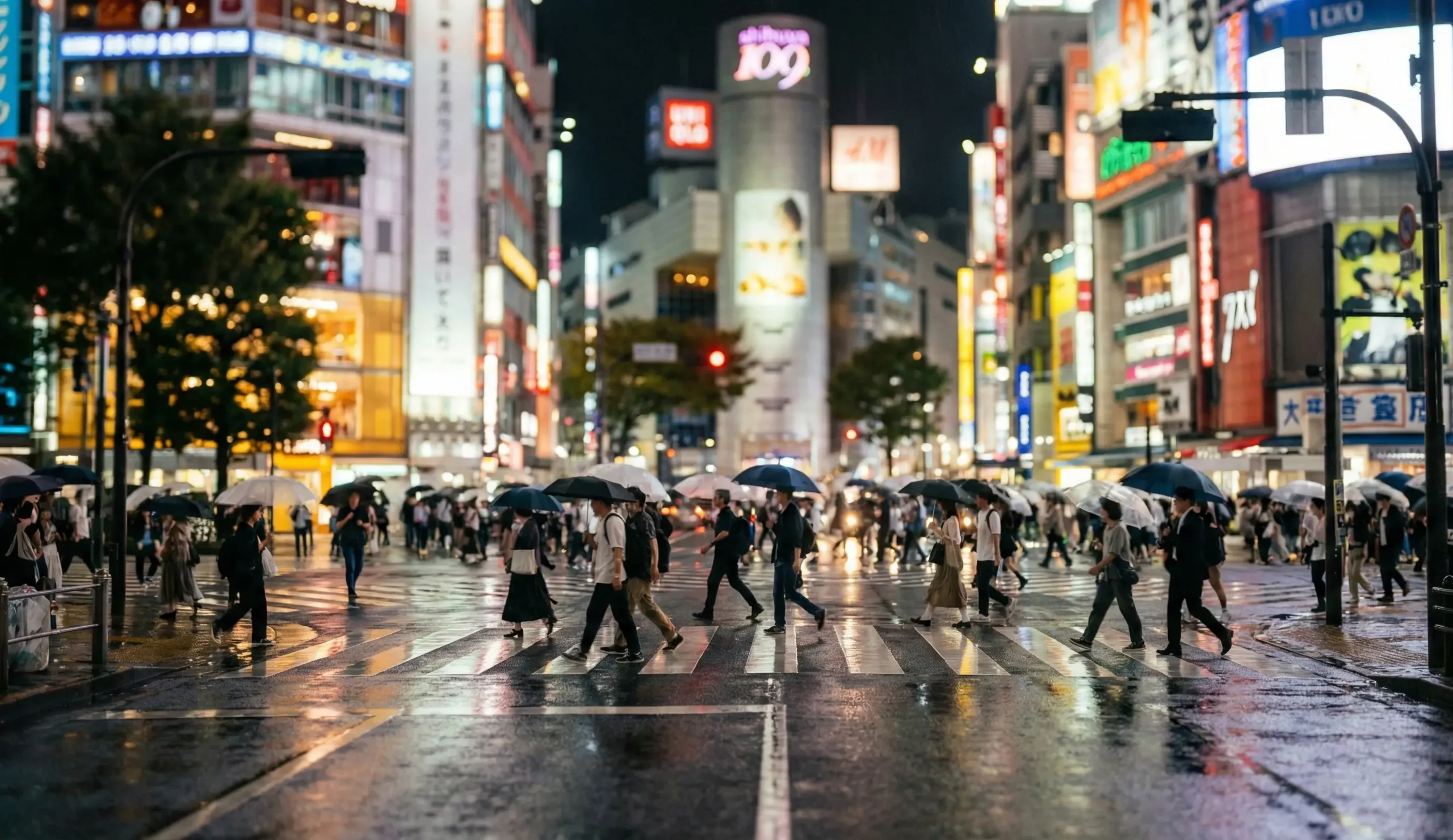 Shibuya Crossing i Tokyo i neonljus en regnig kväll