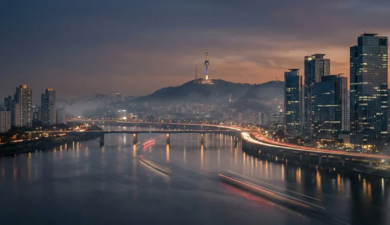 Kvällsvy över Seoul med Han River, broar och N Seoul Tower i bakgrunden