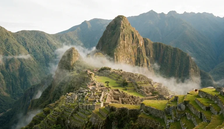 Machu Picchu i Peru i morgondimma med Anderna i bakgrunden